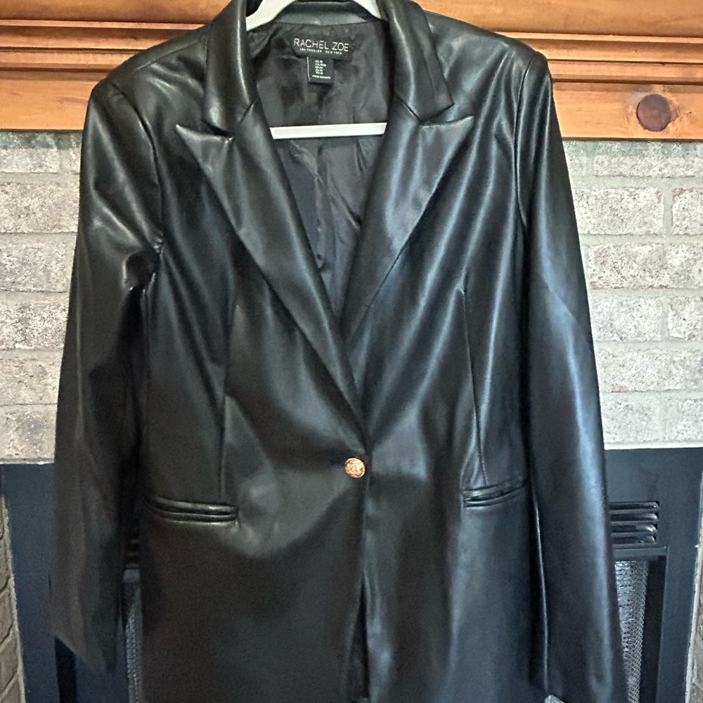 Rachel Zoe Black Faux Leather Blazer with Gold Button